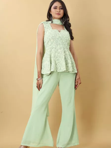 Pastel Green Color Georgette Top With Fancy Sharara and Dupatta