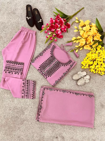Pink Color Salwar Kameez With Paper Mirror Work in Georgette With Dupatta