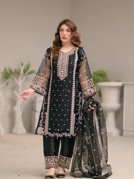 Black Color Organza Salwar Suit With Embroidery and Dupatta Organza Suit