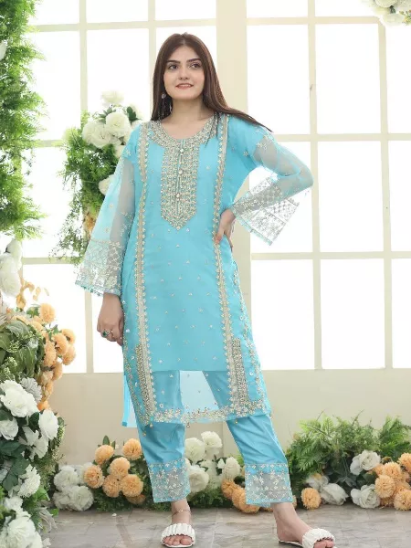 Sky Color Organza Salwar Suit With Embroidery and Dupatta Organza Suit