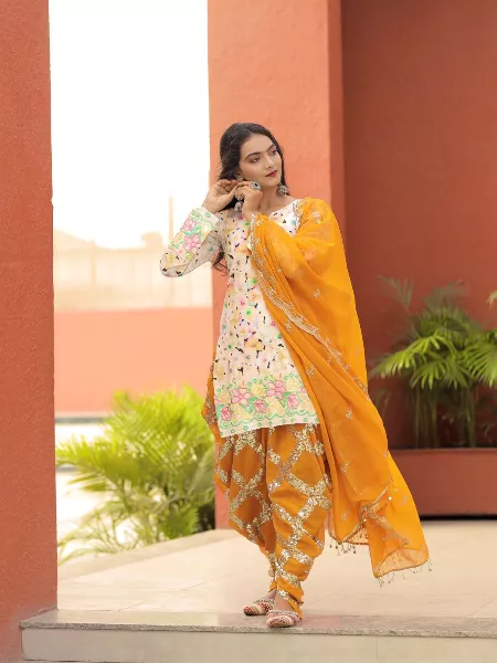 White and Yellow Punjabi Patiyala Suit With Sequence Work and Dupatta