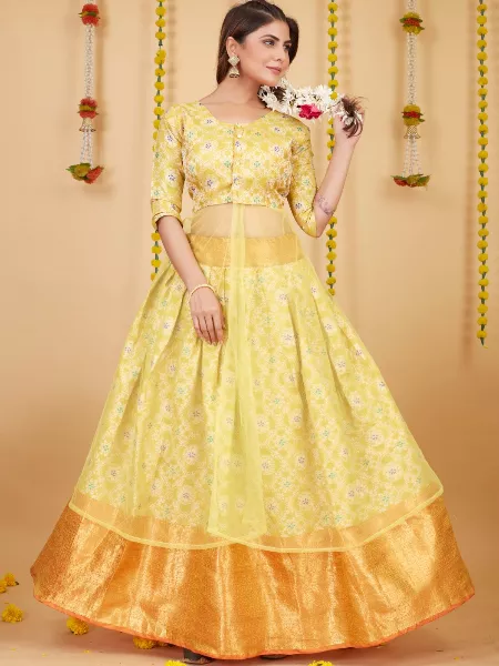 Yellow Color Soft Silk Lehenga Choli With Meena Kari Zari Work and Dupatta Ready to Wear Lehenga