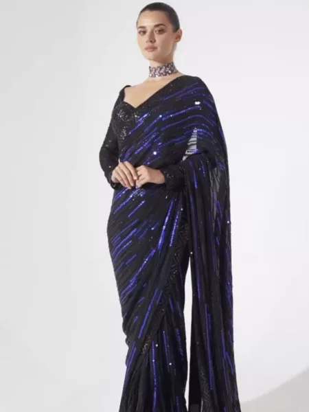 Black Color Sequence Work Saree in Georgette for Night Party and Reception
