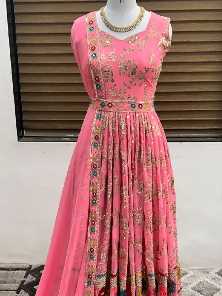 Light Pink Fancy Gown With Colorful Embroidery Work for Grand Entry and Function