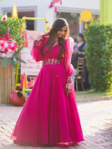 Pink Party Wear Gown With Embroidery Work and Belt With 8 Meter Big Flair