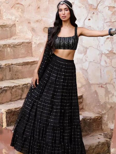 Black Color Bollywood Lehenga Choli in Georgette With Sequence Work With Readymade Blouse