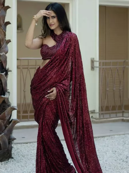 Maroon Color Sequence Saree in Georgette With Blouse Bollywood Saree in Sequence