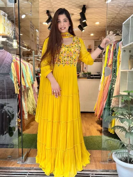 Haldi Gown in Georgette With Sequence Work and Ruffle Big 6.5 Meter Flair