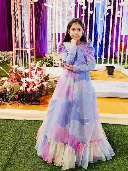 Multi Color Kids Gown for Party Wear Organza Taby Silk Kids Gown With Dupatta