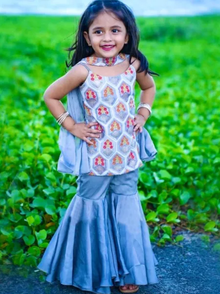 Sky Blue Color Kids Sharara Suit Indian Traditional Kids Wear With Embroidery