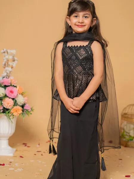 Black Color Kids Sharara Suit Indian Traditional Kids Wear With Embroidery