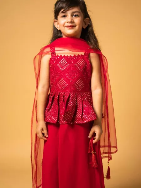 Red Color Kids Sharara Suit Indian Traditional Kids Wear With Embroidery
