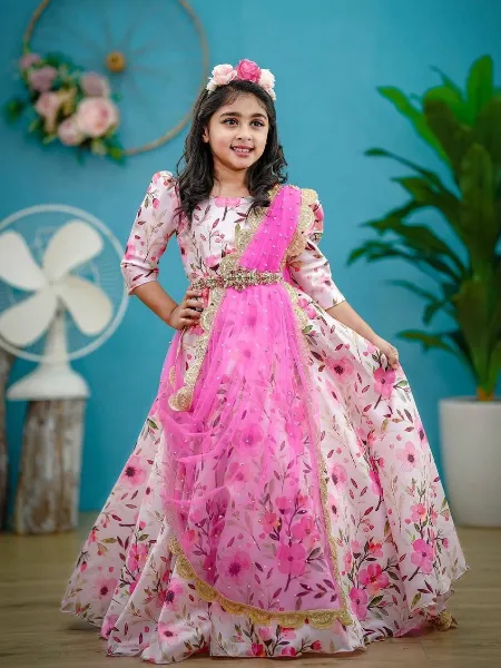 Pink Color Kids Gown With Digital Print in Malai Satin Fabric and Dupatta