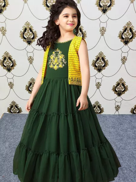Green Color Georgette Gown for Kids With Jacket and Embroidery Work