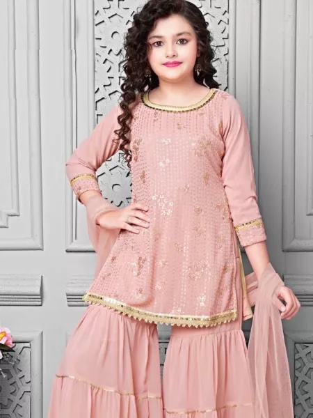 Peach Designer Kids Sharara and Top Pair in Georgette With Sequence Embroidery