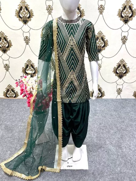 Green Color Top With Dhoti for Kids in Japan Satin With Ribbon Embroidery