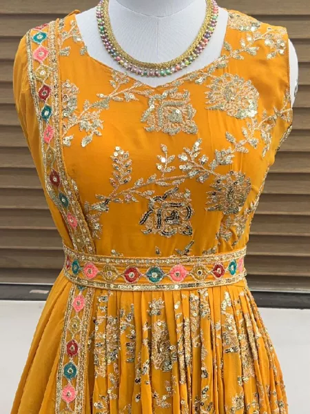 Mustard Fancy Gown With Colorful Embroidery Work for Grand Entry and Function