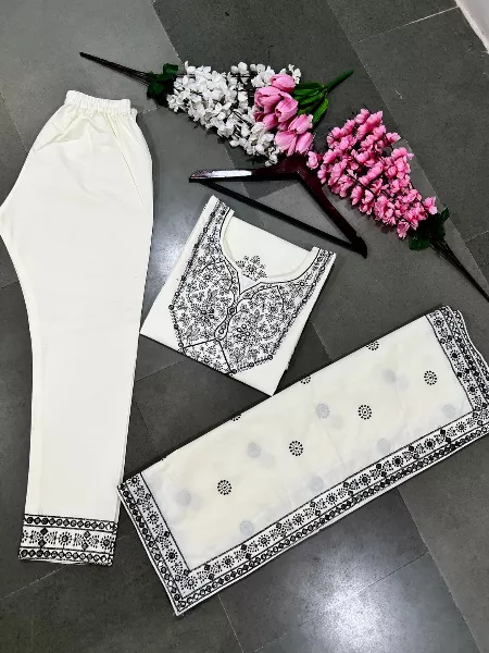 White Color Salwar Kameez With Paper Mirror Work in Cotton With Dupatta