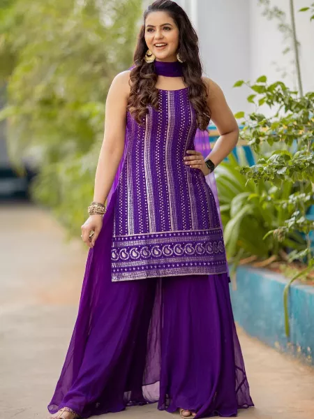 Purple Color Top and Sharara Suit in Georgette With Heavy Sequence Work