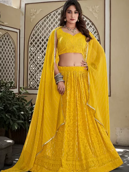 Yellow Color Haldi Lehenga With Lucknowi and Sequins Embroidery Wedding Lehenga Choli