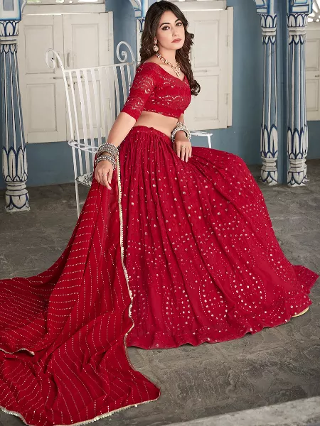 Red Color Bridal Lehenga With Lucknowi and Sequins Embroidery Wedding Lehenga Choli