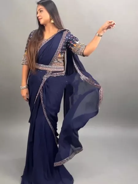 Navy Blue Ready to Wear Saree in Georgette With Embroidery Work and Blouse