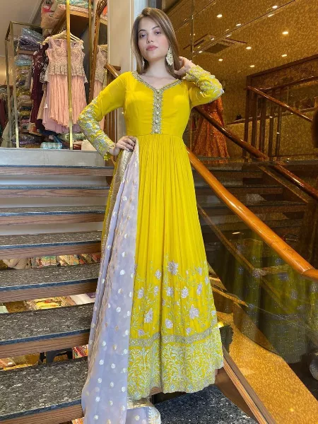 Haldi Ceremony Gown in Yellow Georgette With Heavy Embroidery and Dupatta