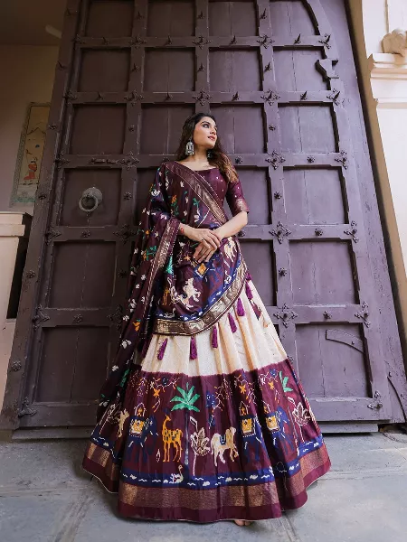 Navratri Chaniya Choli in Wine Dola Silk With Print and Foil Work Garba Choli