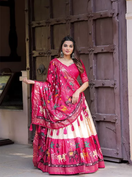 Navratri Chaniya Choli in Pink Dola Silk With Print and Foil Work Garba Choli