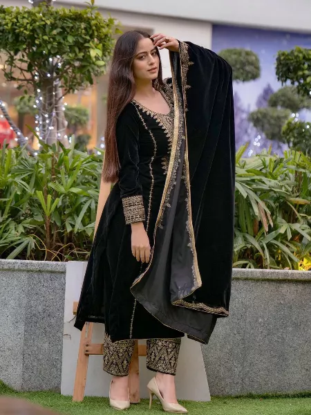 Black Color Velvet Suit With Embroidery Work for Eid Salwar Suit in Black