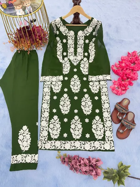 Mehendi Color Kurti With Pant in Georgette With Embroidery Work