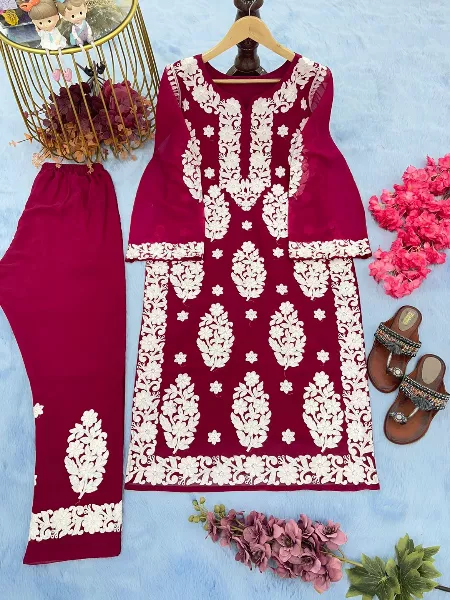 Pink Color Kurti With Pant in Georgette With Embroidery Work
