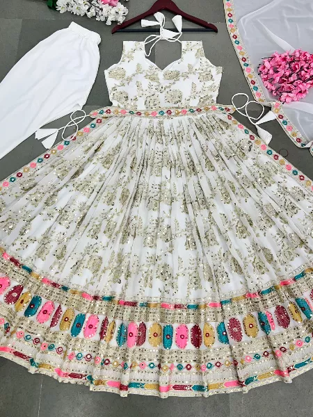 White Fancy Gown With Colorful Embroidery Work for Grand Entry and Function