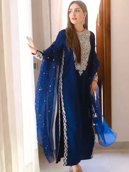 Blue Color Salwar Suit in Georgette With Designer Sequence Embroidery Work and Dupatta