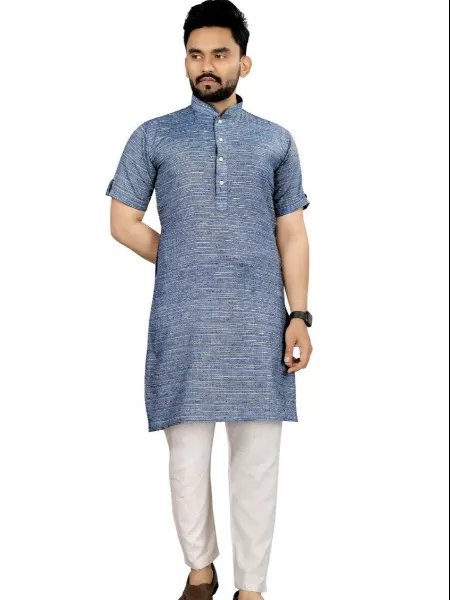 Blue Color Mens Kurta Pajama Set in Khadi Cotton Mens Kurta