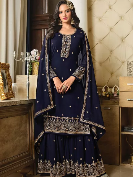 Navy Blue Top and Sharara Suit With Heavy Embroidery Work for Pakistani Wedding Wear