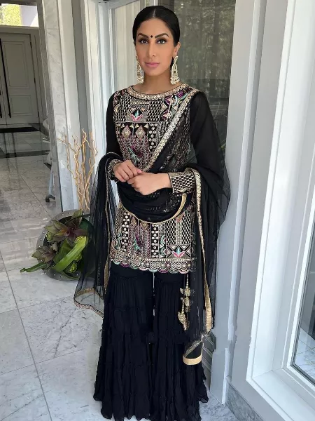 Black Color Pakistani Sharara Suit in Georgette With Embroidery Work and Dupatta