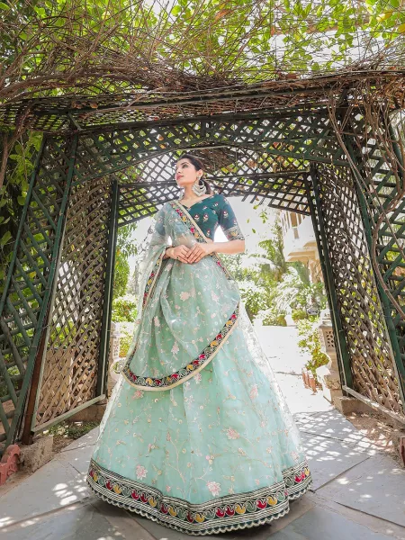 Pista Color Bridal Lehenga Choli in Organza With Designer Embroidery Indian Wedding Lehenga