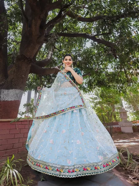 Sky Blue Color Bridal Lehenga Choli in Organza With Designer Embroidery Indian Wedding Lehenga