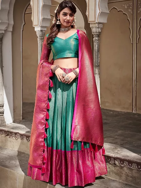Teal Color Silk Lehenga Choli With Zari Weaving Work South Indian Wedding Lehenga