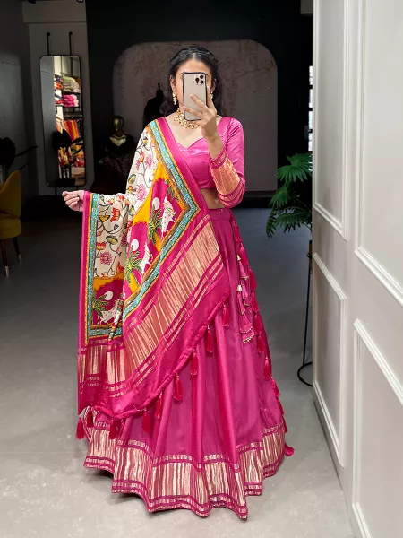 Pink Color Gaji Silk Lehenga Choli With Bandhej Patola Print Dupatta
