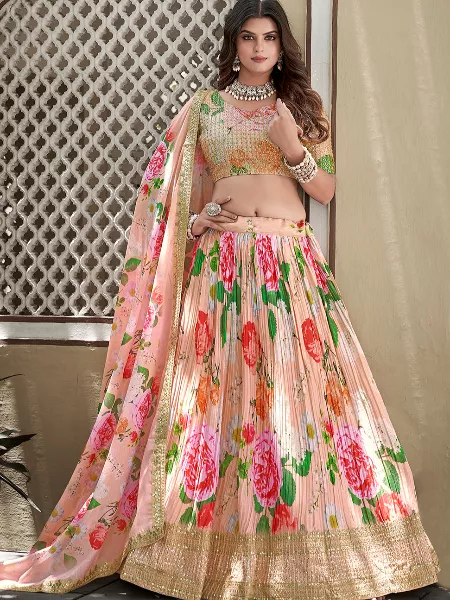 Peach Color Crushed Chinon Lehenga Choli With Digital Print and Sequence Embroidery