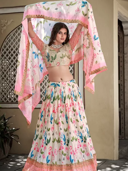 White Color Crushed Chinon Lehenga Choli With Digital Print and Sequence Embroidery