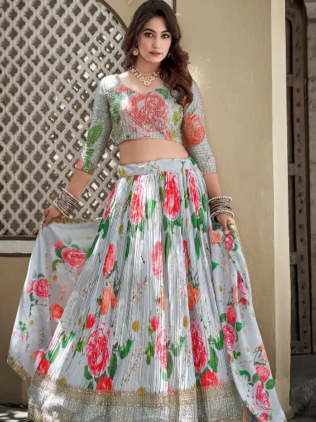 Sky Blue Color Crushed Chinon Lehenga Choli With Digital Print and Sequence Embroidery