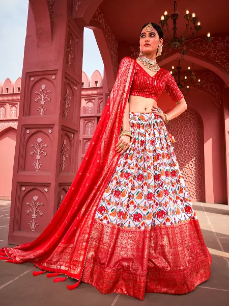 Red Color Patola Print Lehenga Choli With Foil Work in Dola Silk Fabric With Dupatta