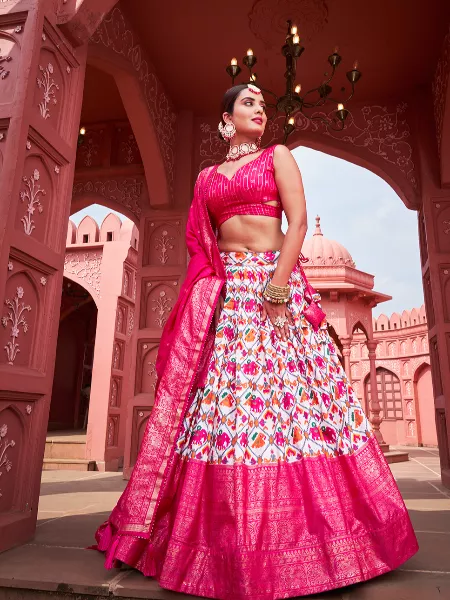 Pink Color Patola Print Lehenga Choli With Foil Work in Dola Silk Fabric With Dupatta