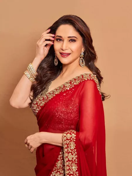 Madhuri Dixit Saree in Red Georgette Saree With Embroidery Work and Blouse