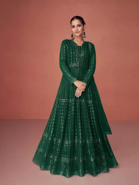 Green Color Designer Anarkali Dress in Georgette With Heavy Sequence Work and Dupatta