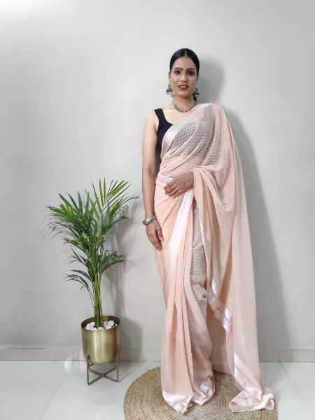 Ready to Wear Saree in Peach Color Satin Butti With Blouse Indian Sari