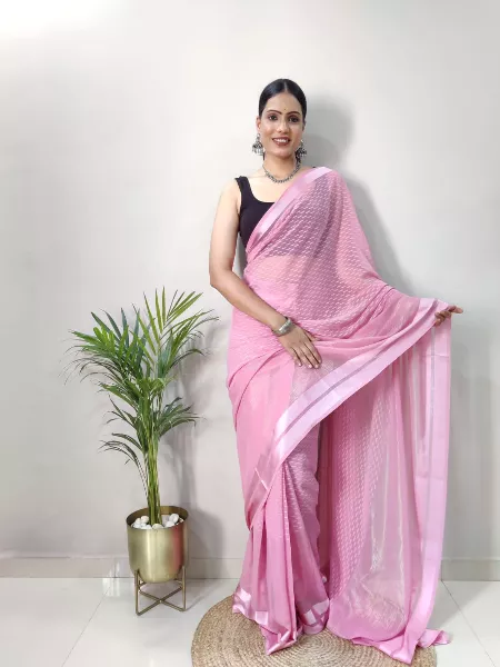 Ready to Wear Saree in Pink Color Satin Butti With Blouse Indian Sari